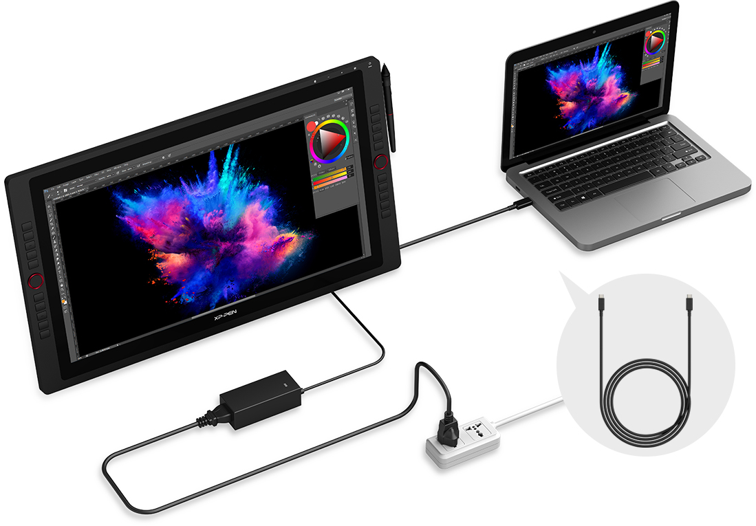 A tela Artist 24 Pro suporta uma conexão USB-C a USB-C