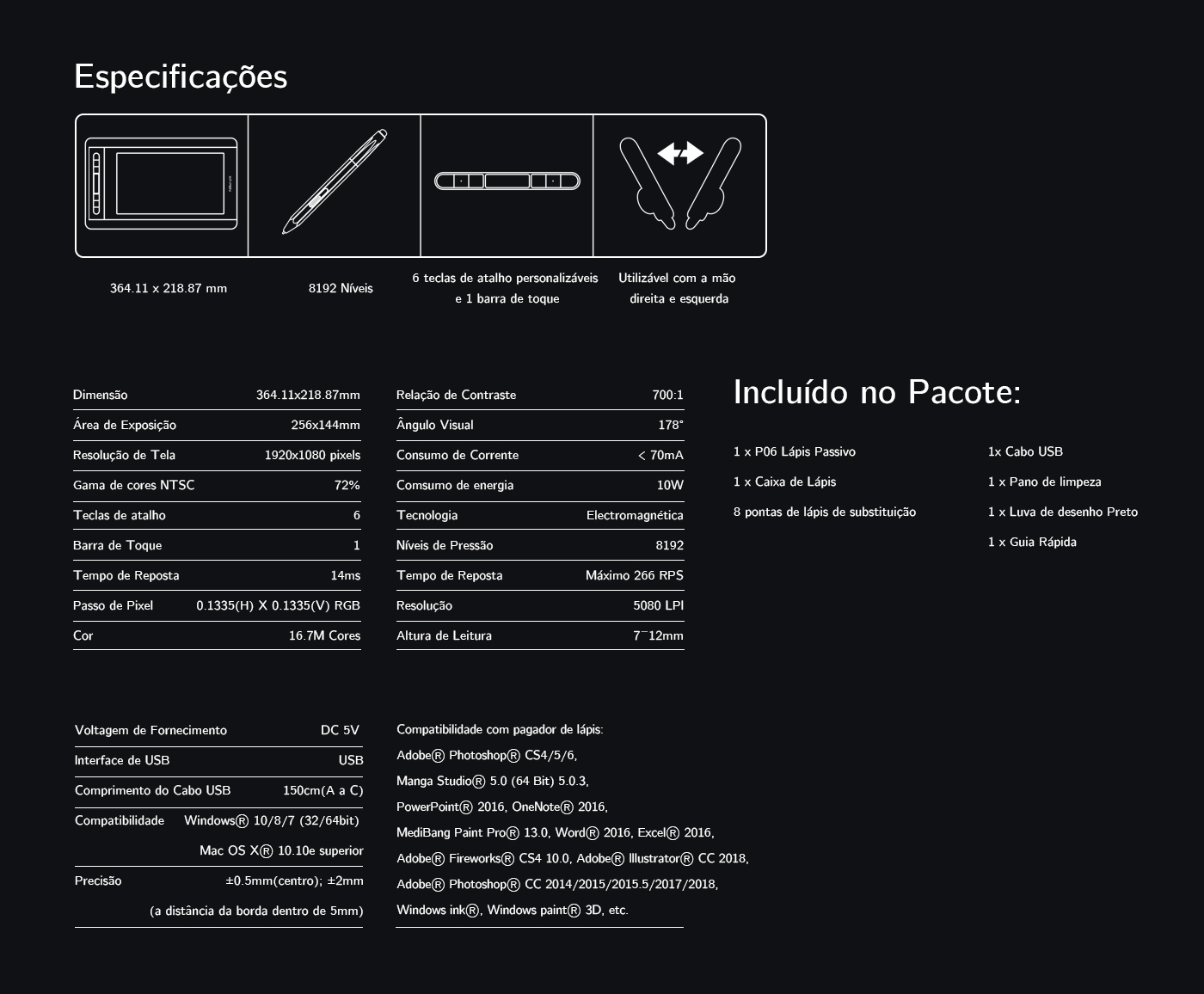 especificações do mesa digitalizadora com tela XP-Pen Artist 12