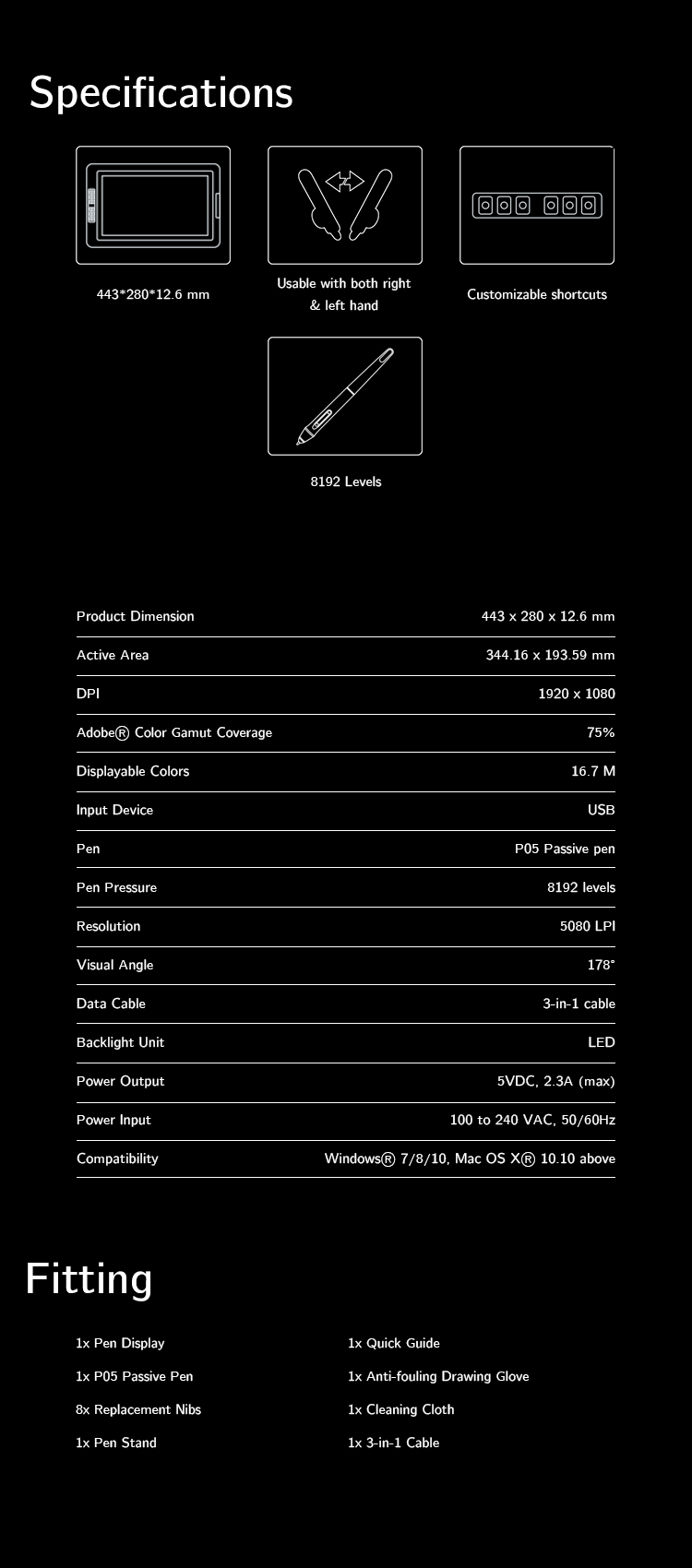 Specification and Package of Screen Art Tablet Artist 15.6