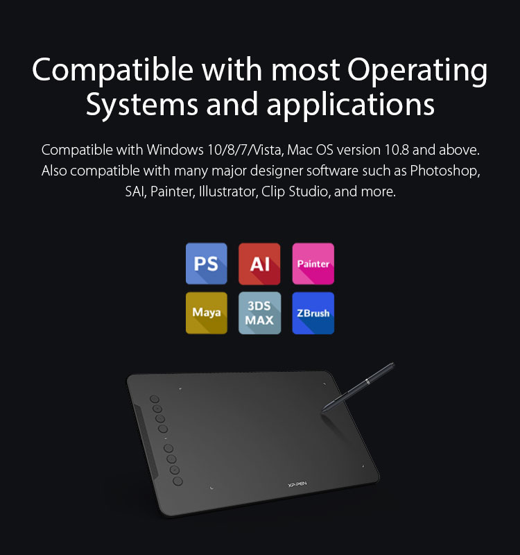  mesa de desenho digital XP-Pen Deco 01 Compatível com a maioria dos sistemas operacionais e aplicativos 
