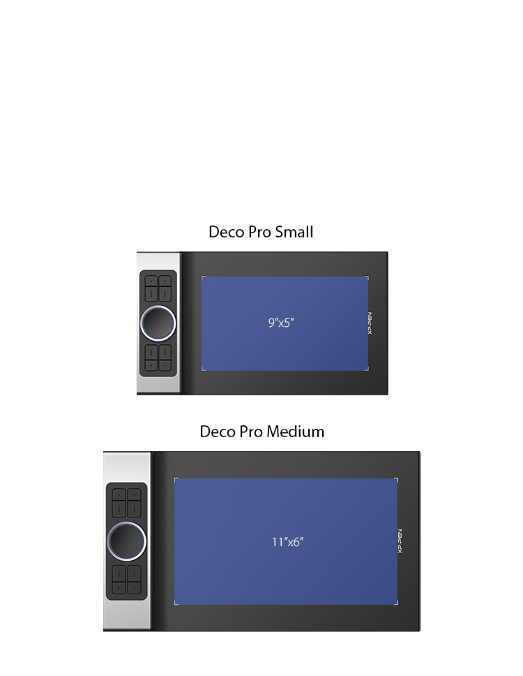 O XP-Pen Deco Pro possui uma área de trabalho de 9 x 5 polegadas e  11 x 6 polegadas