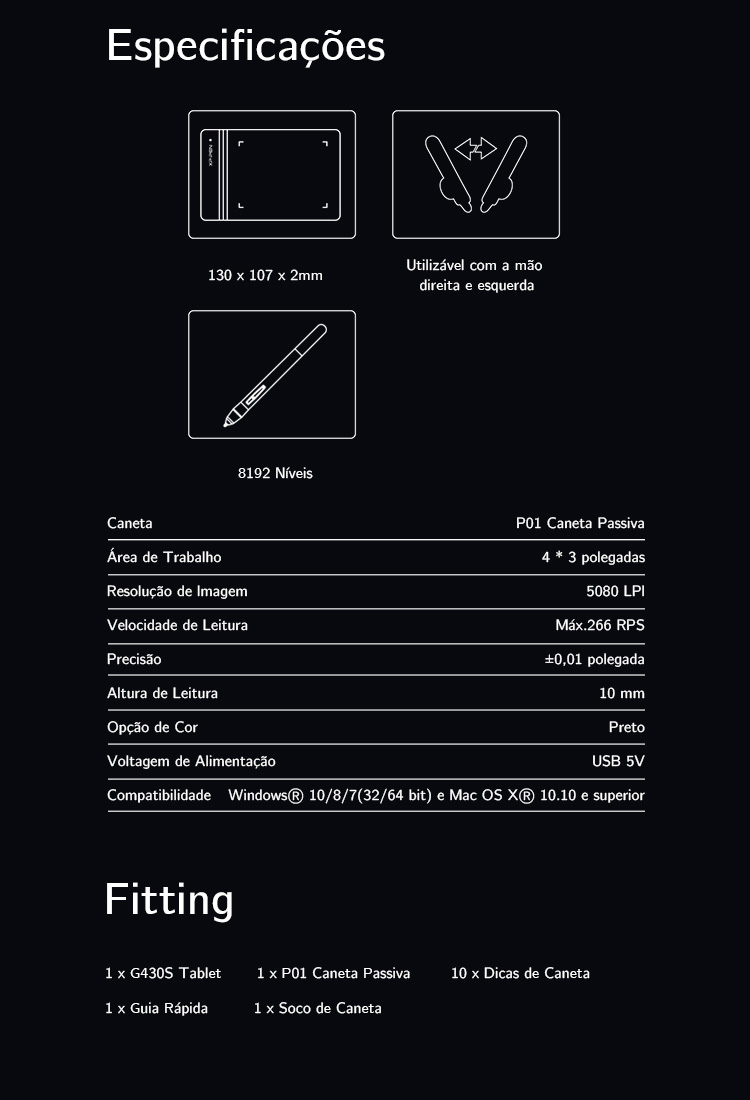 especificações do mesa digitalizadora XP-Pen Star G430S